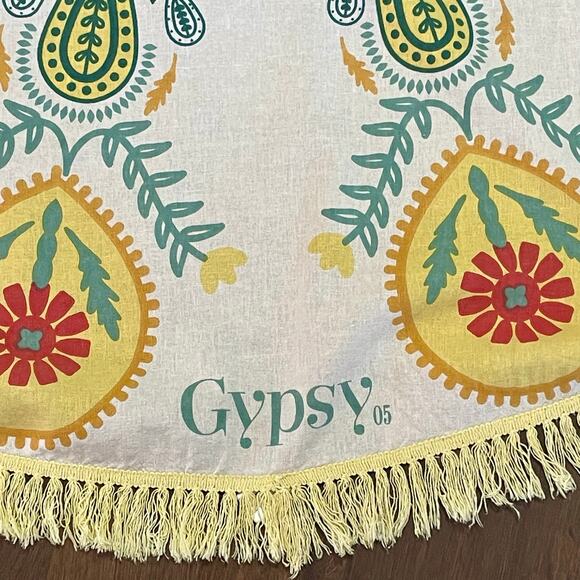 Gypsy 05 Round Tablecloth 66" The Boho Beach Teal And Yellow With Fringe - Picture 3 of 7